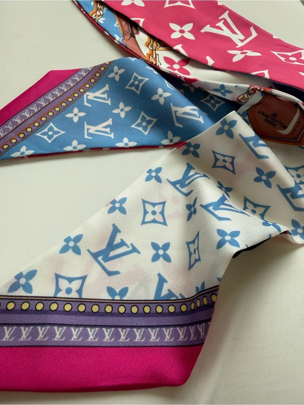 Louis Vuitton Pink, White & Blue Monogram Silk Twilly